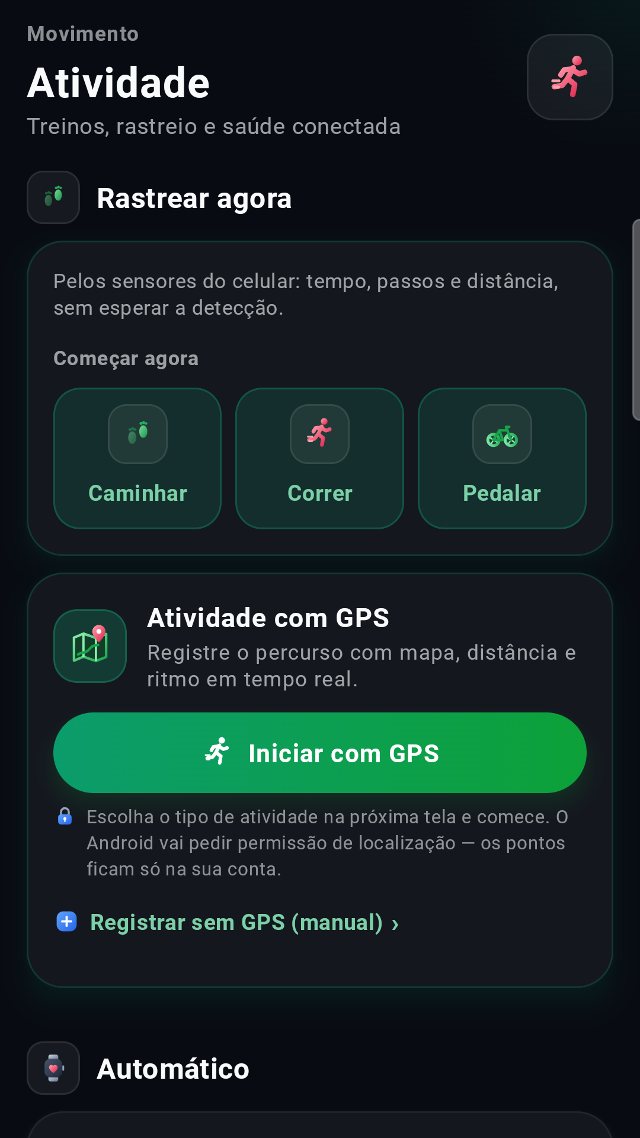 Tela Atividade do app Zoukei com rastreio pelos sensores do celular (caminhar, correr e pedalar) e o botão Iniciar com GPS, que registra o percurso com mapa, distância e ritmo.
